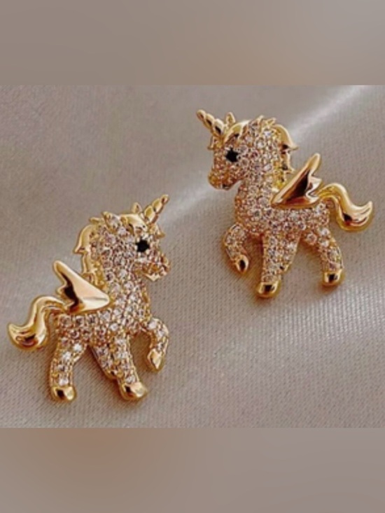 ST Jewelry - NEW [ST] Unicorn Rhinestone Crystal Zircon Sparkle Stud Gold-Toned Earrings